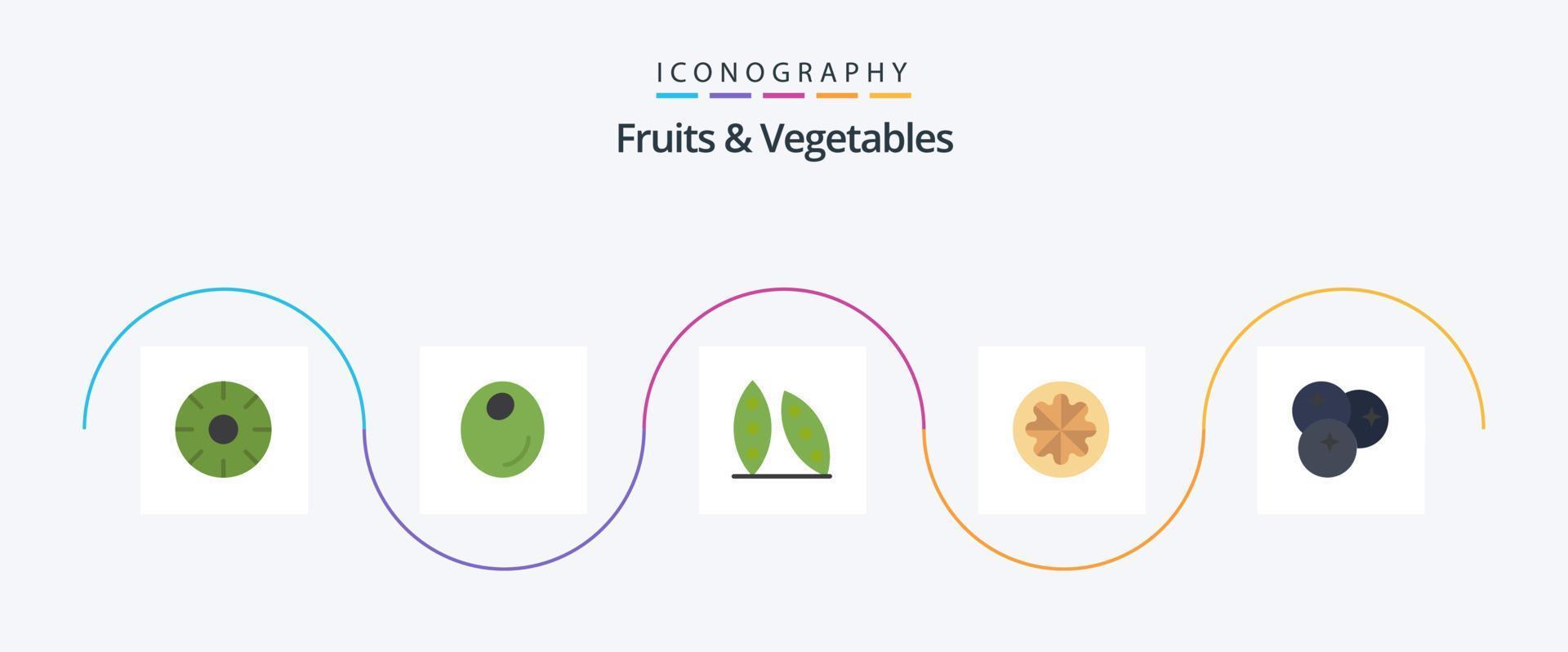 Paquete de 5 iconos planos de frutas y verduras que incluye vitamina. naranja. frijol. saludable. orgánico vector