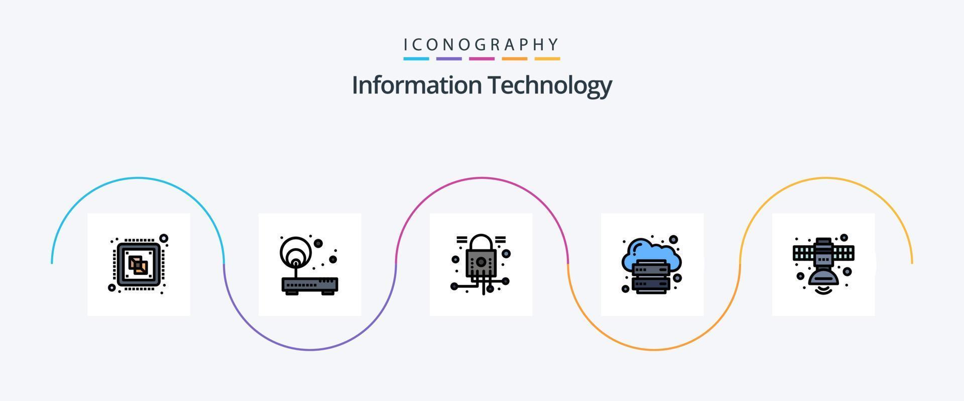 la línea de tecnología de la información llenó el paquete de iconos planos 5 que incluye Internet. hospedaje punto. nube. red vector