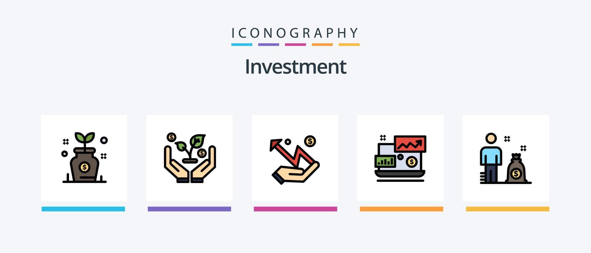 la línea de inversión llenó el paquete de 5 iconos, incluido el saldo. porcentaje de ganancia. frasco. embudo inversión. diseño de iconos creativos vector