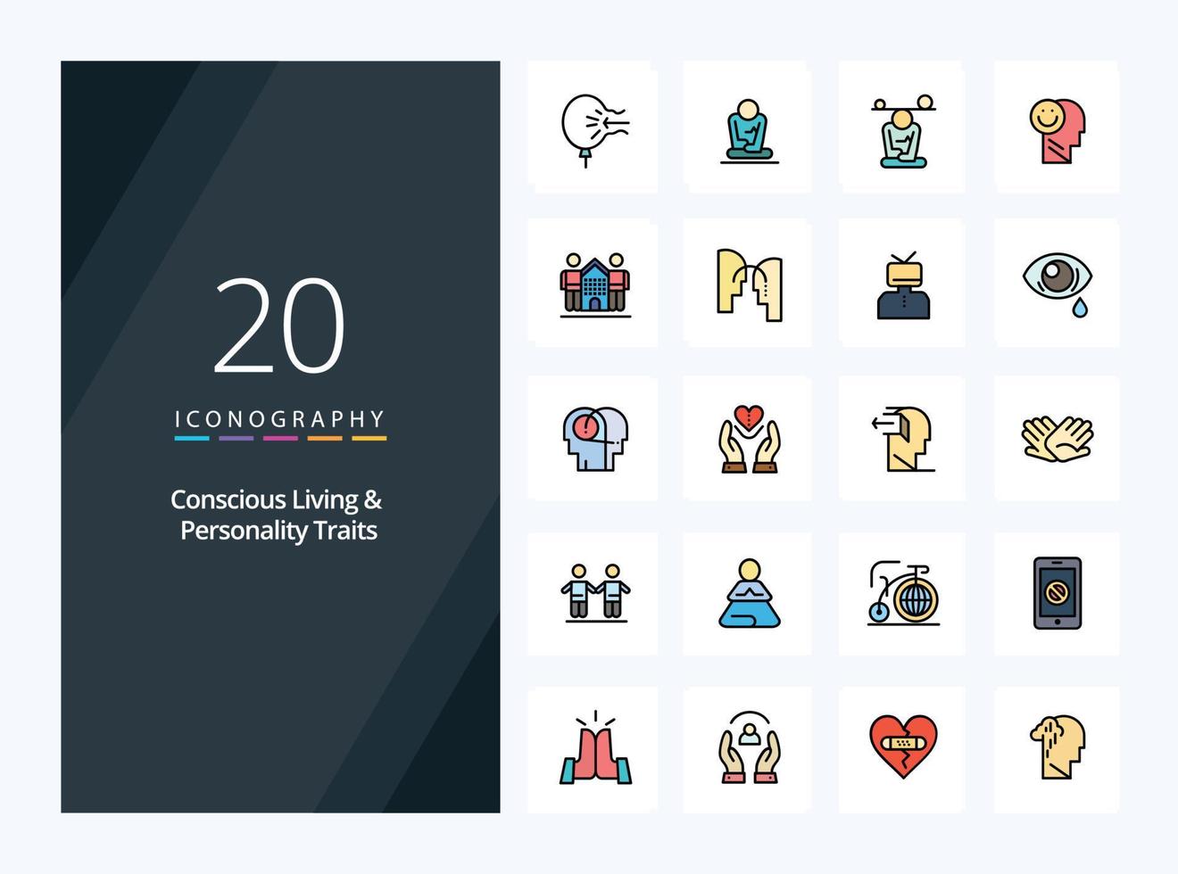 20 Concious Living And Personality Traits line Filled icon for presentation vector