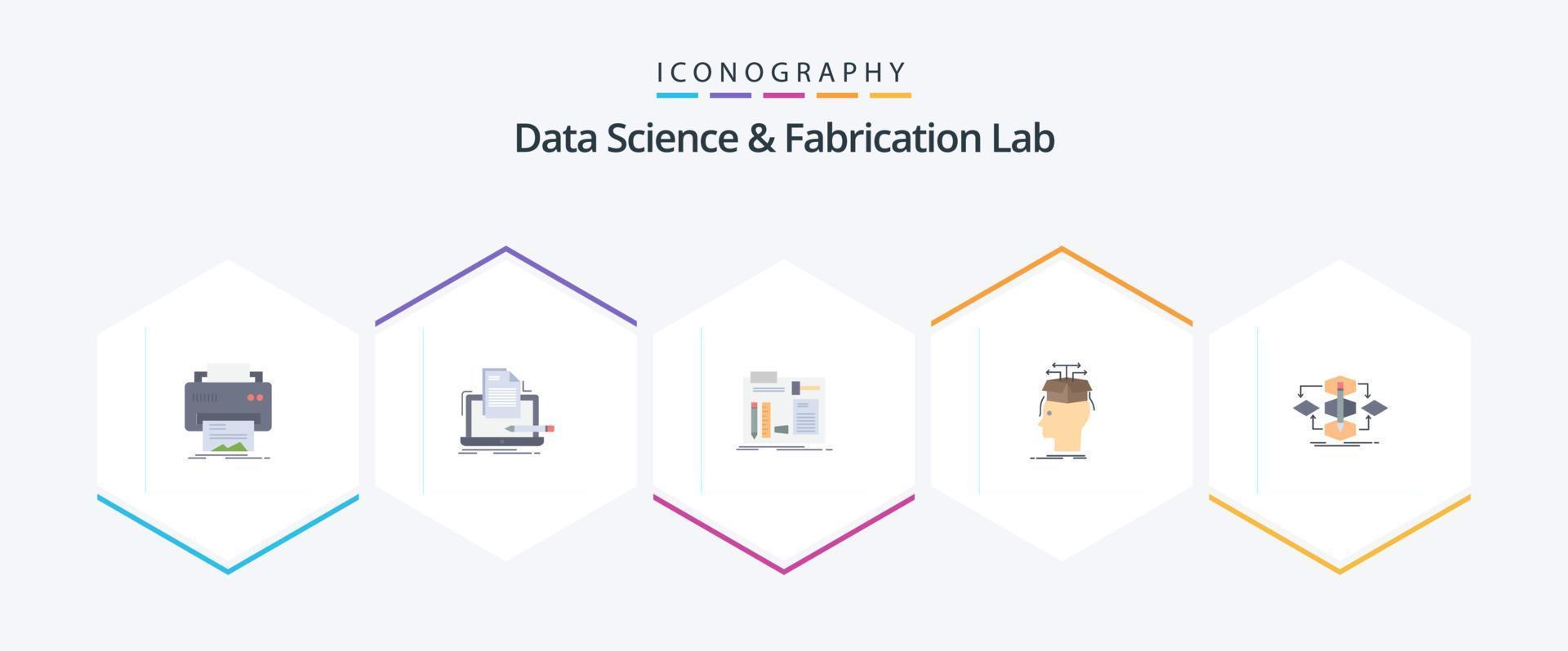 Data Science And Fabrication Lab 25 Flat icon pack including head. data. list. workshop. diy vector