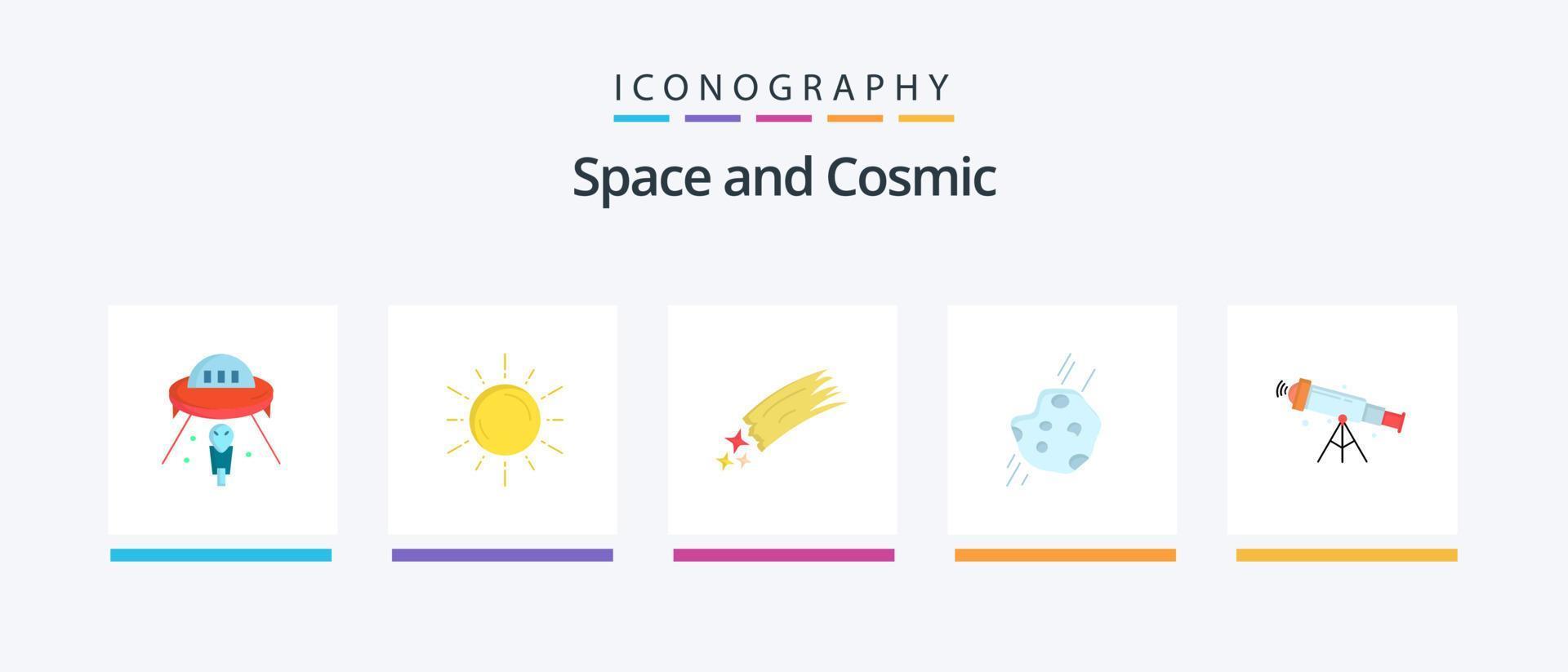 paquete de iconos space flat 5 que incluye espacio. telescopio. astronomía. cometa. meteorito. diseño de iconos creativos vector