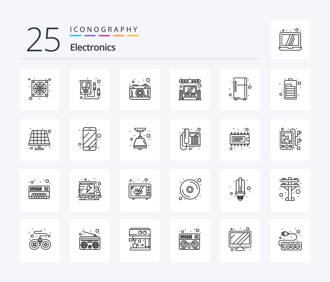 paquete de iconos de 25 líneas de electrónica que incluye refrigerador. dispositivo electronico. fotografía. teatro. hogar vector