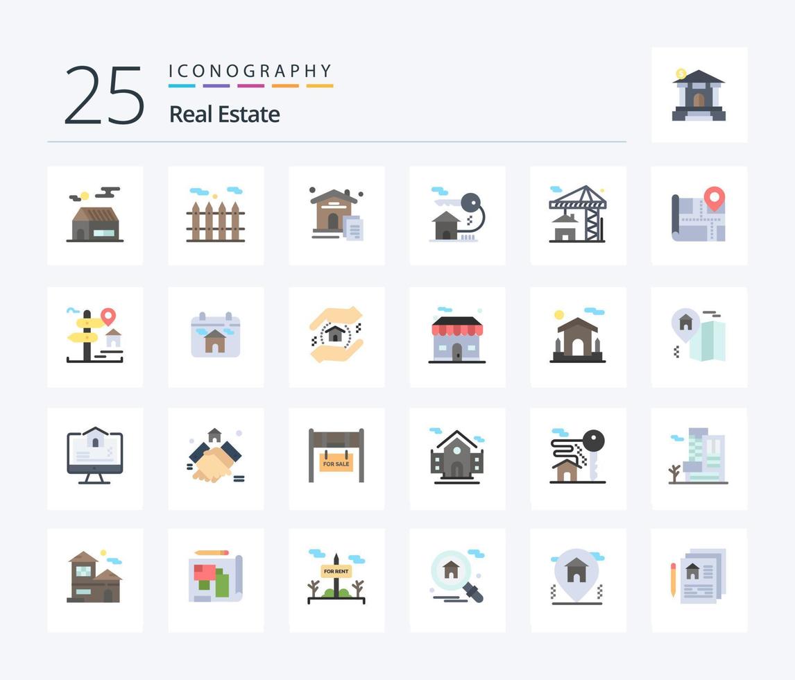 paquete de iconos de 25 colores planos de bienes raíces, incluido el edificio. real. documento. grua. bienes raíces vector