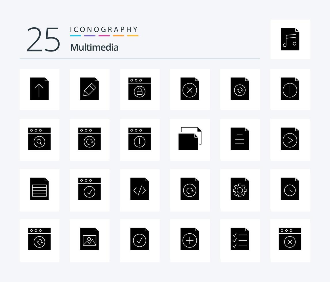 Multimedia 25 Solid Glyph icon pack including file. alert. mac. sync. document vector