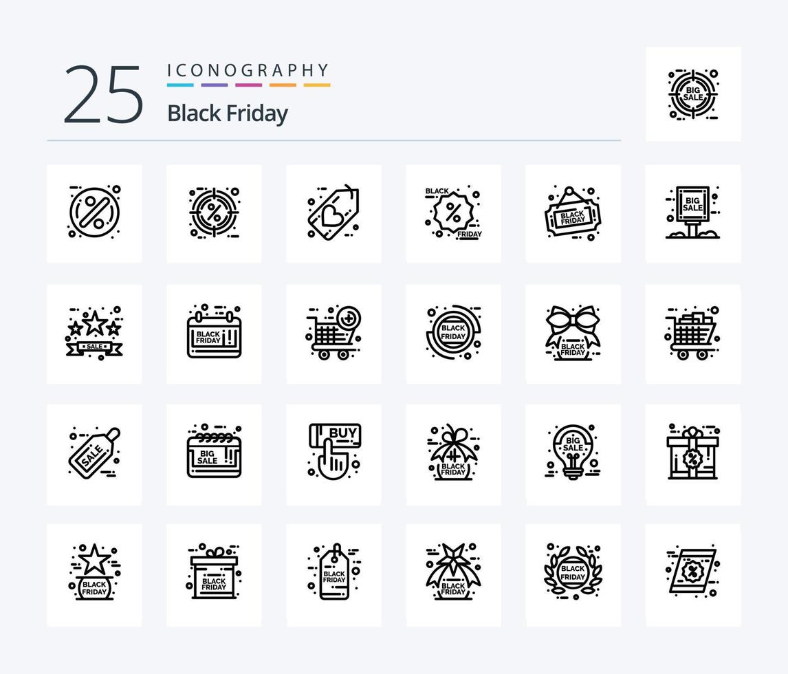 paquete de iconos de 25 líneas de viernes negro que incluye promoción. descuento. objetivo. viernes negro corazón vector