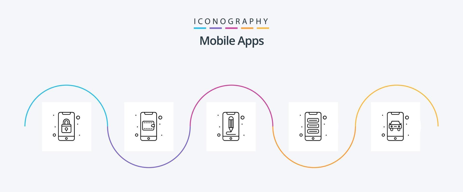 paquete de iconos de línea 5 de aplicaciones móviles que incluye interfaz. aplicaciones billetera. aplicación interfaz de usuario vector