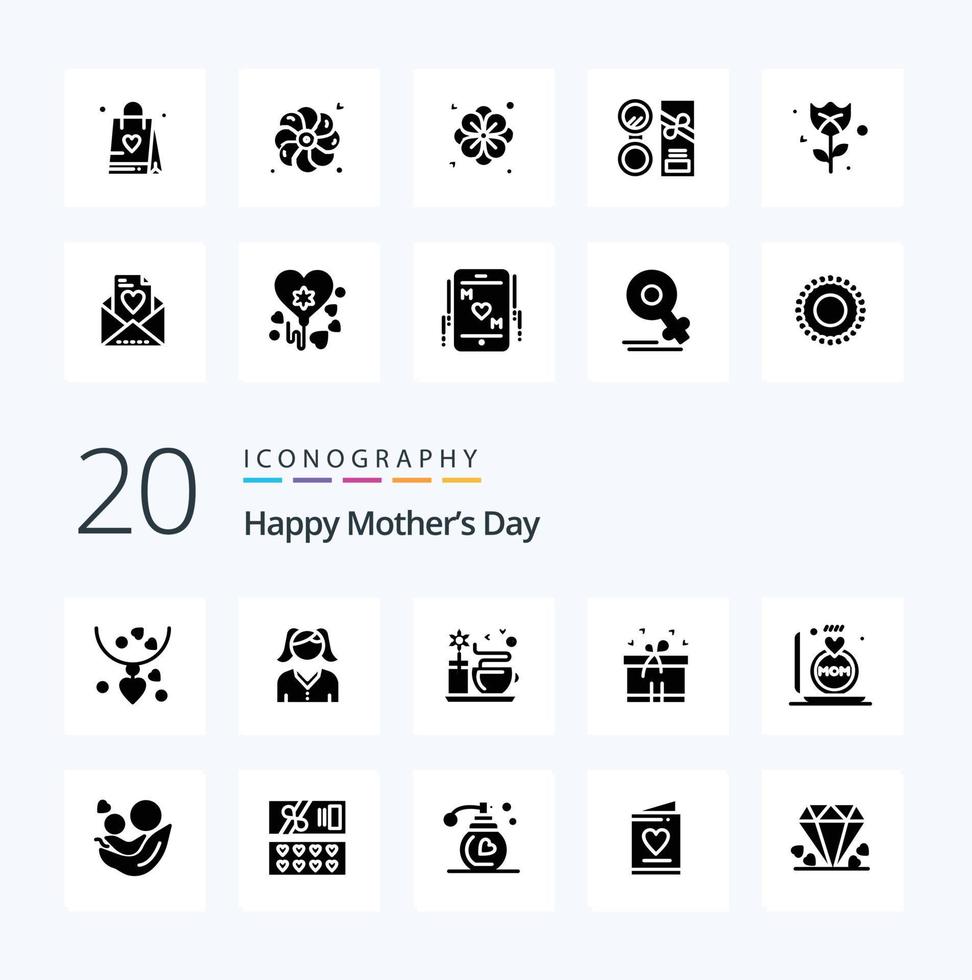 20 Happy Mothers Day Solid Glyph icon Pack like  box ribbon  woman gift  hot vector