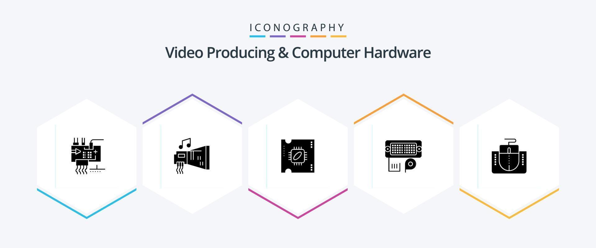 paquete de iconos de 25 glifos de producción de video y hardware de computadora que incluye entrada. conexión. hardware. adaptador. procesador vector