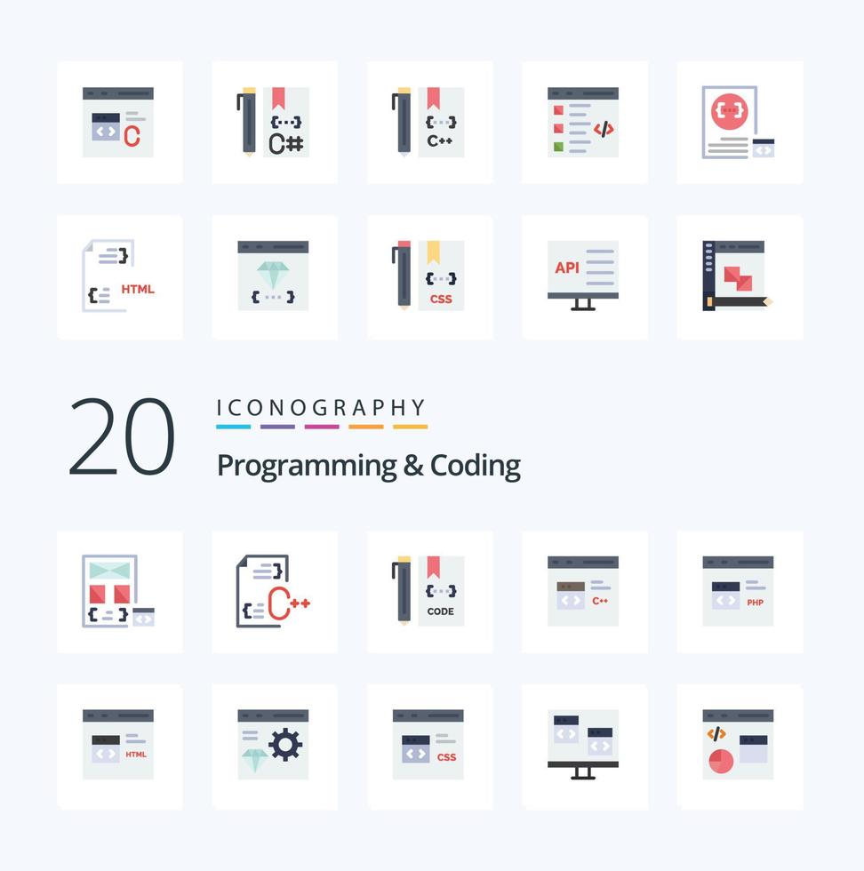 20 Programming And Coding Flat Color icon Pack like coding c development file develop vector