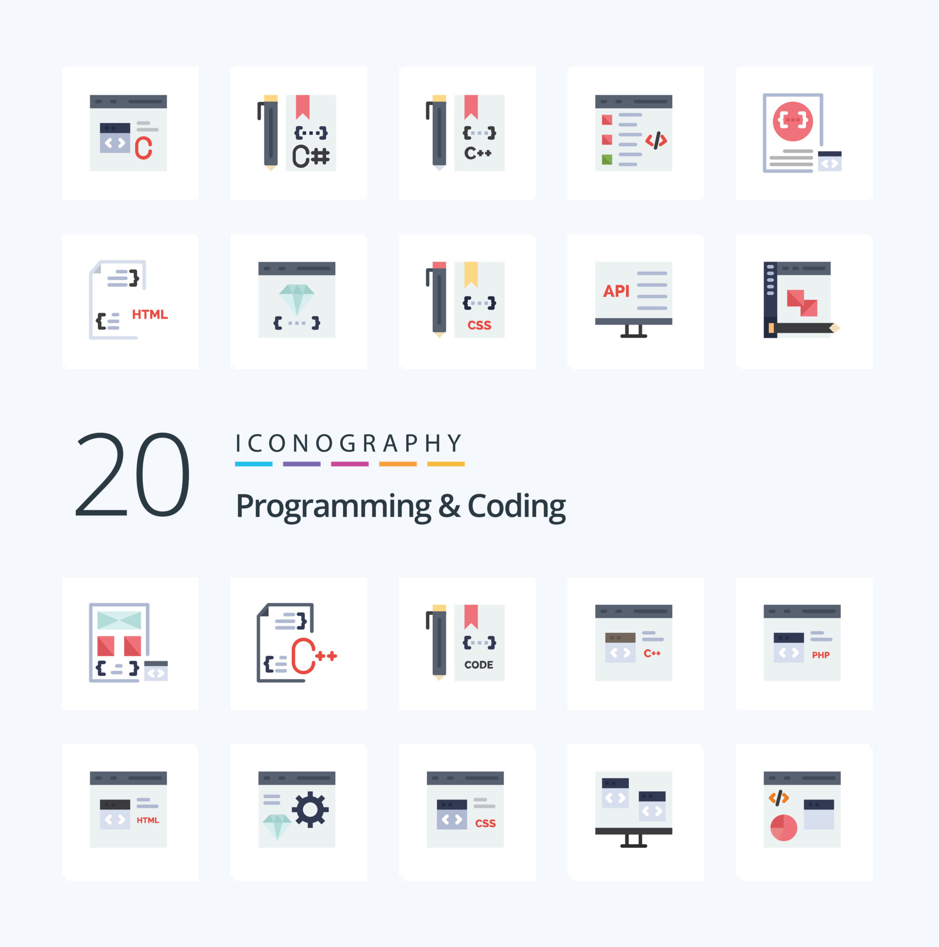 20 paquete de iconos de color plano de programación y codificación como ...