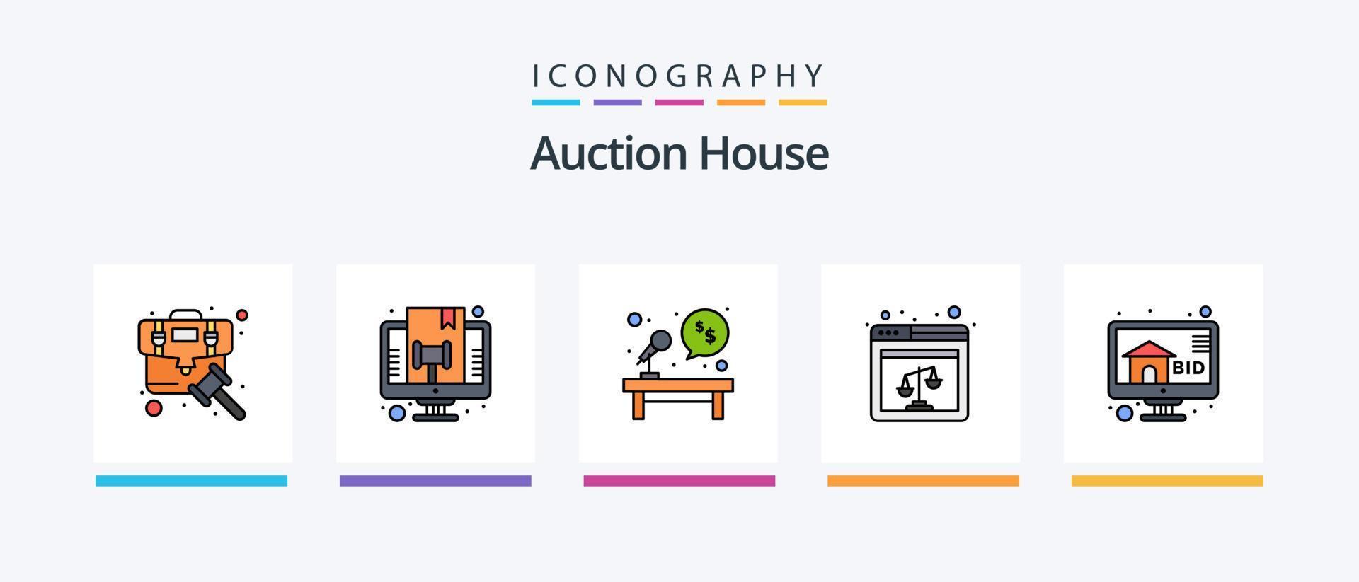 Auction Line Filled 5 Icon Pack Including online. cash. court. microphone. desk. Creative Icons Design vector