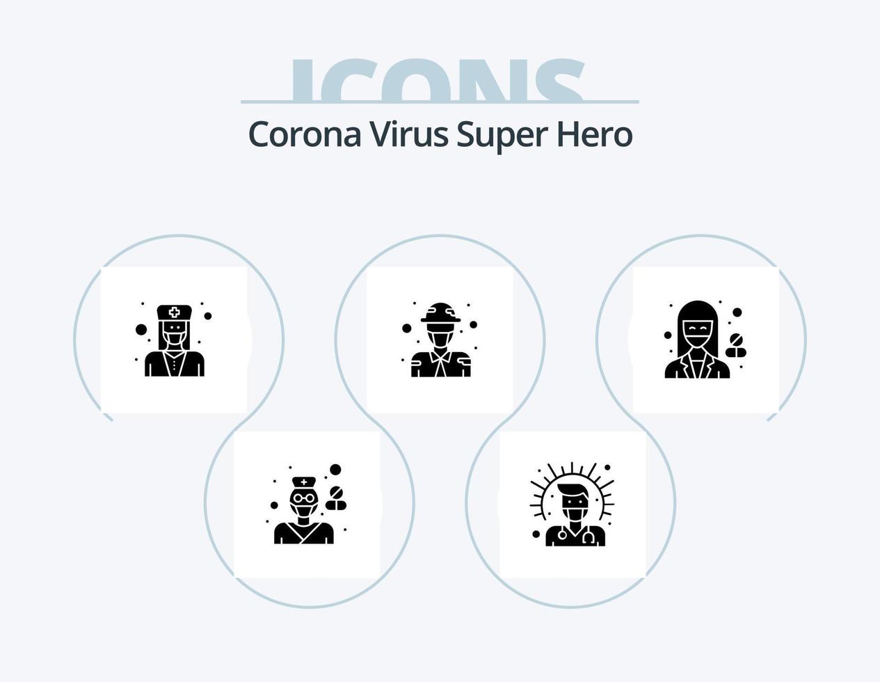 corona virus superhéroe glifo icono paquete 5 diseño de iconos. militar. ejército. salud. masculino. médico vector