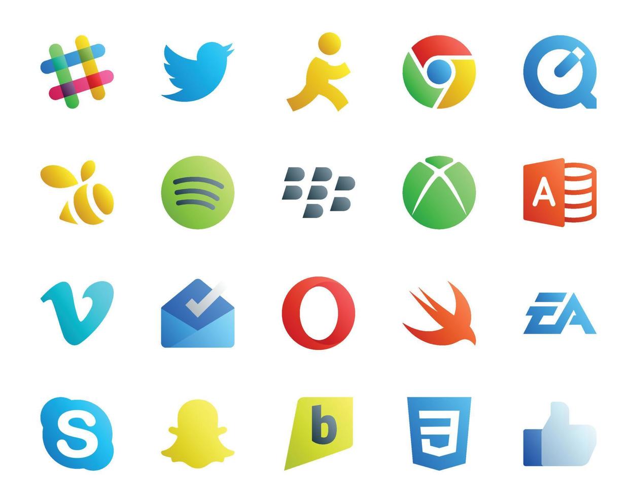 Paquete de 20 íconos de redes sociales que incluye electrónica, artes, ópera, spotify, bandeja de entrada, vimeo vector