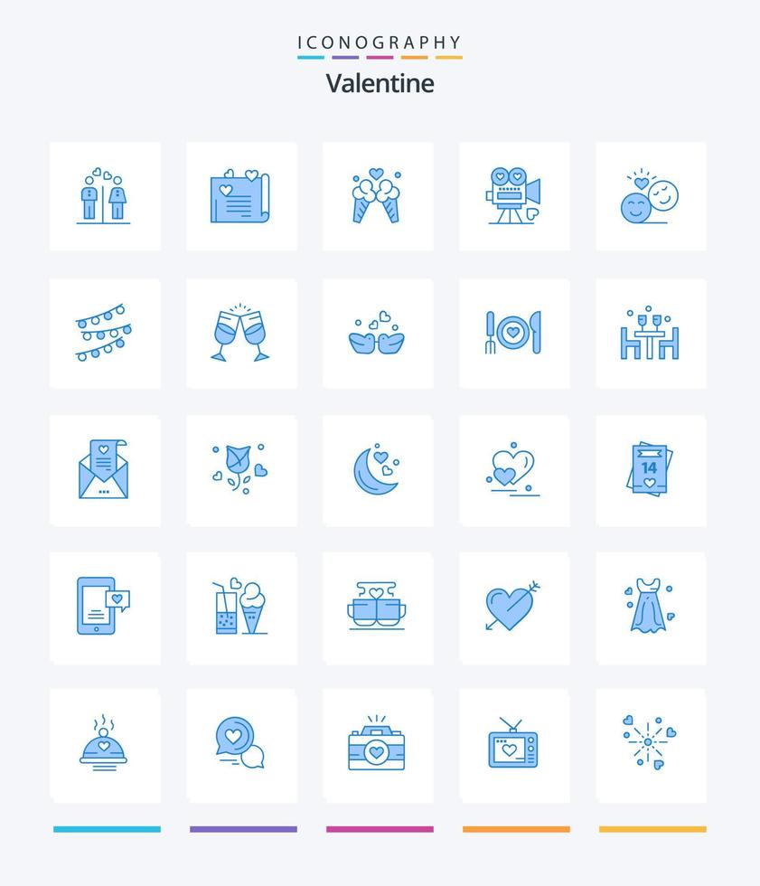 paquete de iconos azules creativos de san valentín 25 como san valentín. camara de video. amar. película. dulce vector
