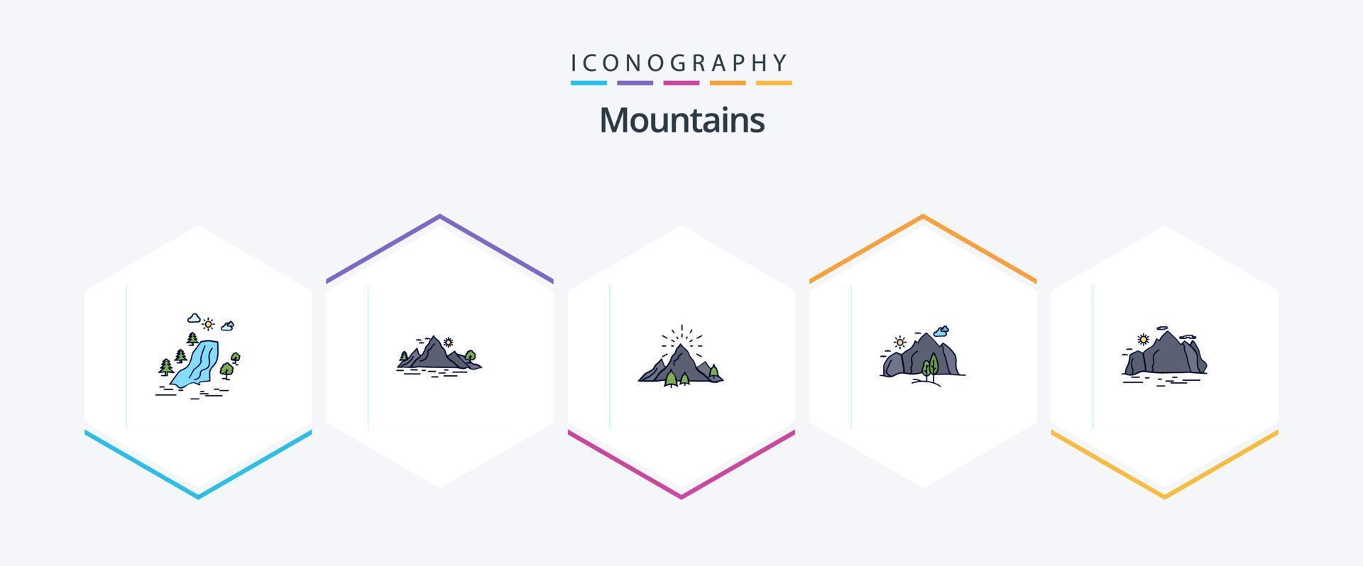 paquete de iconos de 25 líneas de relleno de montañas que incluye la naturaleza. colina. montaña. fuegos artificiales. naturaleza vector