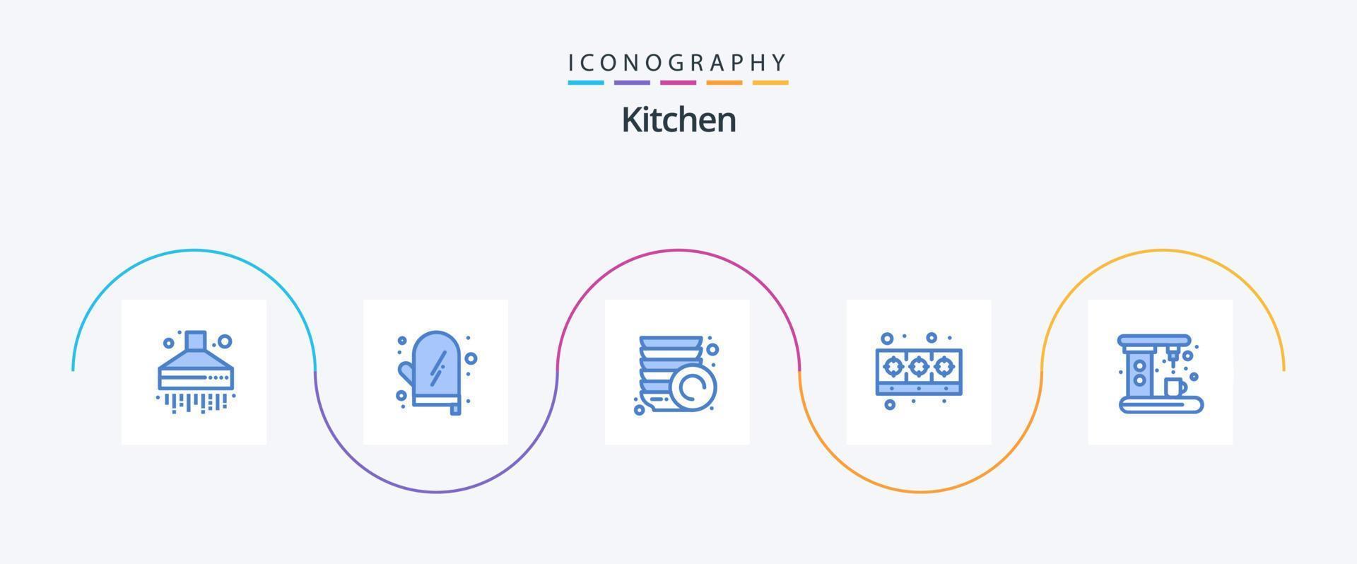 paquete de iconos de cocina azul 5 que incluye el fabricante. café. lámina. accesorios. alimento vector