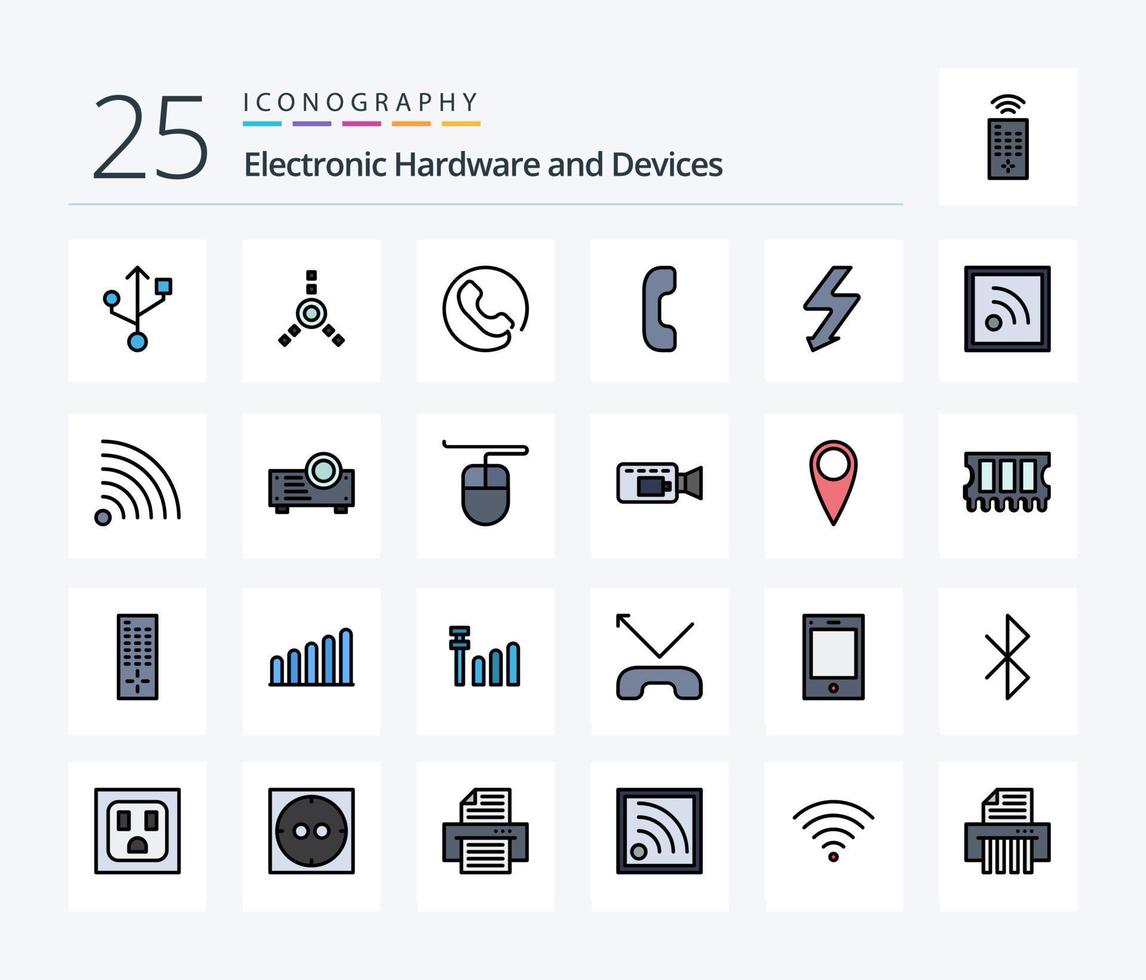 paquete de iconos llenos de 25 líneas de dispositivos, incluido el mouse. proyector. destello. presentación. RSS vector