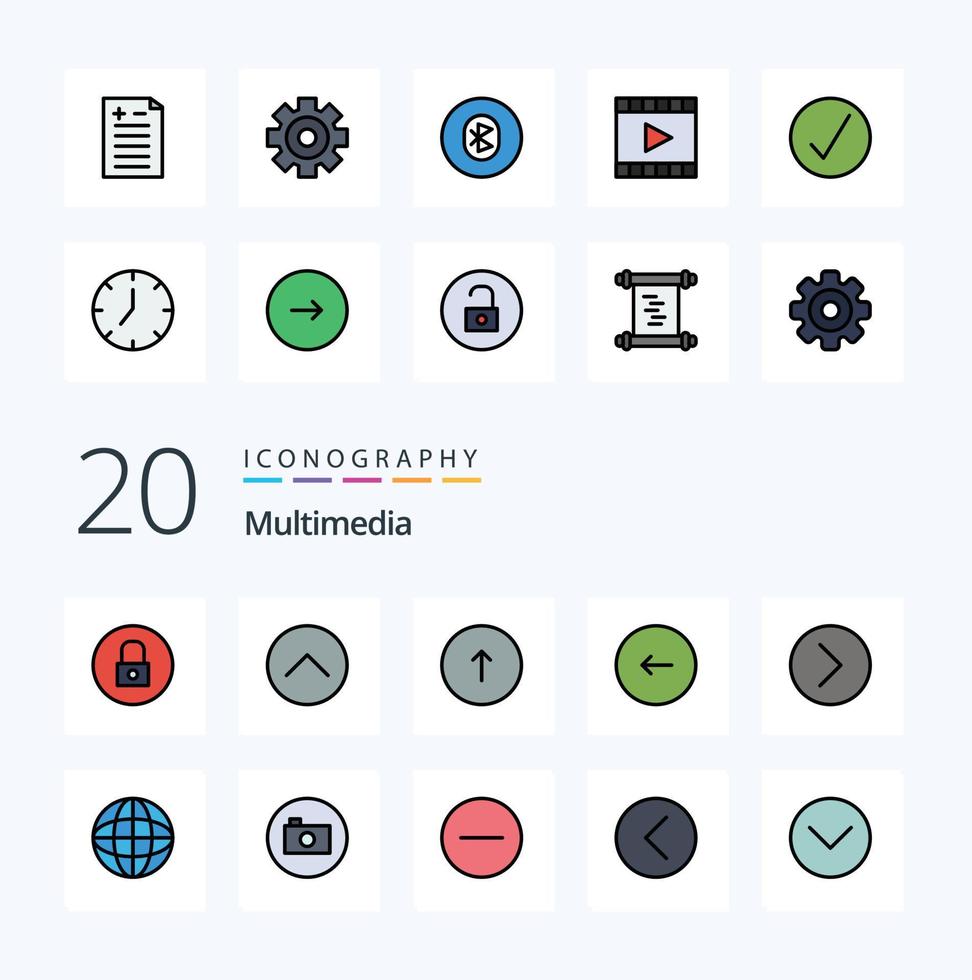 20 Multimedia Line Filled Color icon Pack like stop multimedia arrow buttons web vector