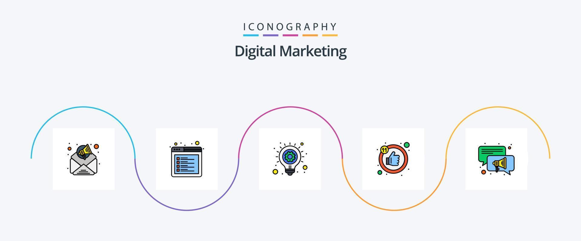 la línea de marketing digital llenó el paquete de iconos planos 5 que incluye. vocero. idea. conversación. gustos vector