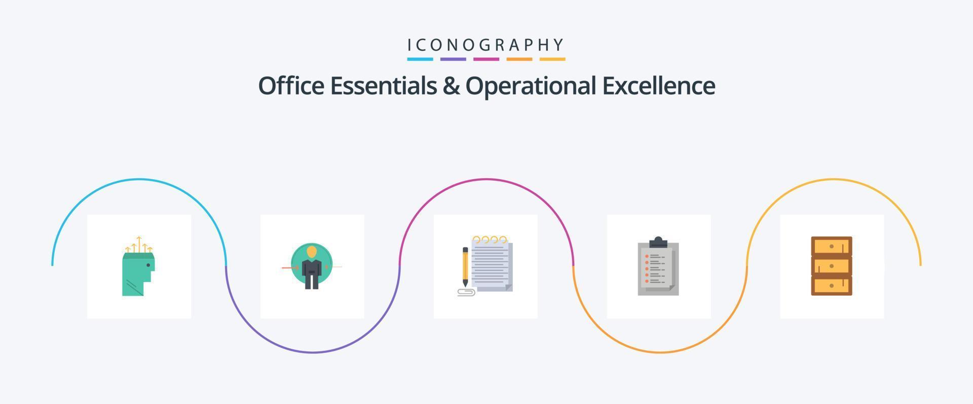 Office Essentials And Operational Exellence Flat 5 Icon Pack Including safe. result. identity. report card. novel vector