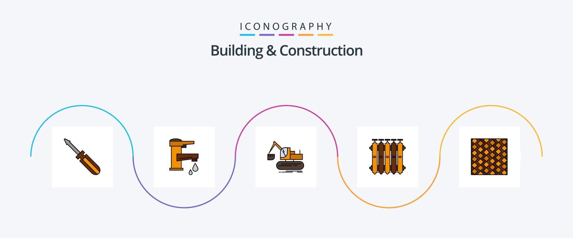 la línea de construcción y construcción llenó el paquete de iconos planos 5 que incluye la batería. radiador. agua. camión. construcción vector