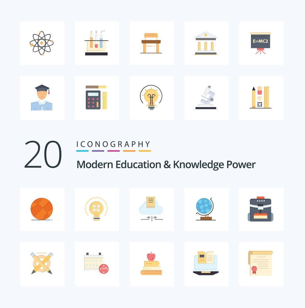 20 Modern Education And Knowledge Power Flat Color icon Pack like backbag web cloud globe world vector