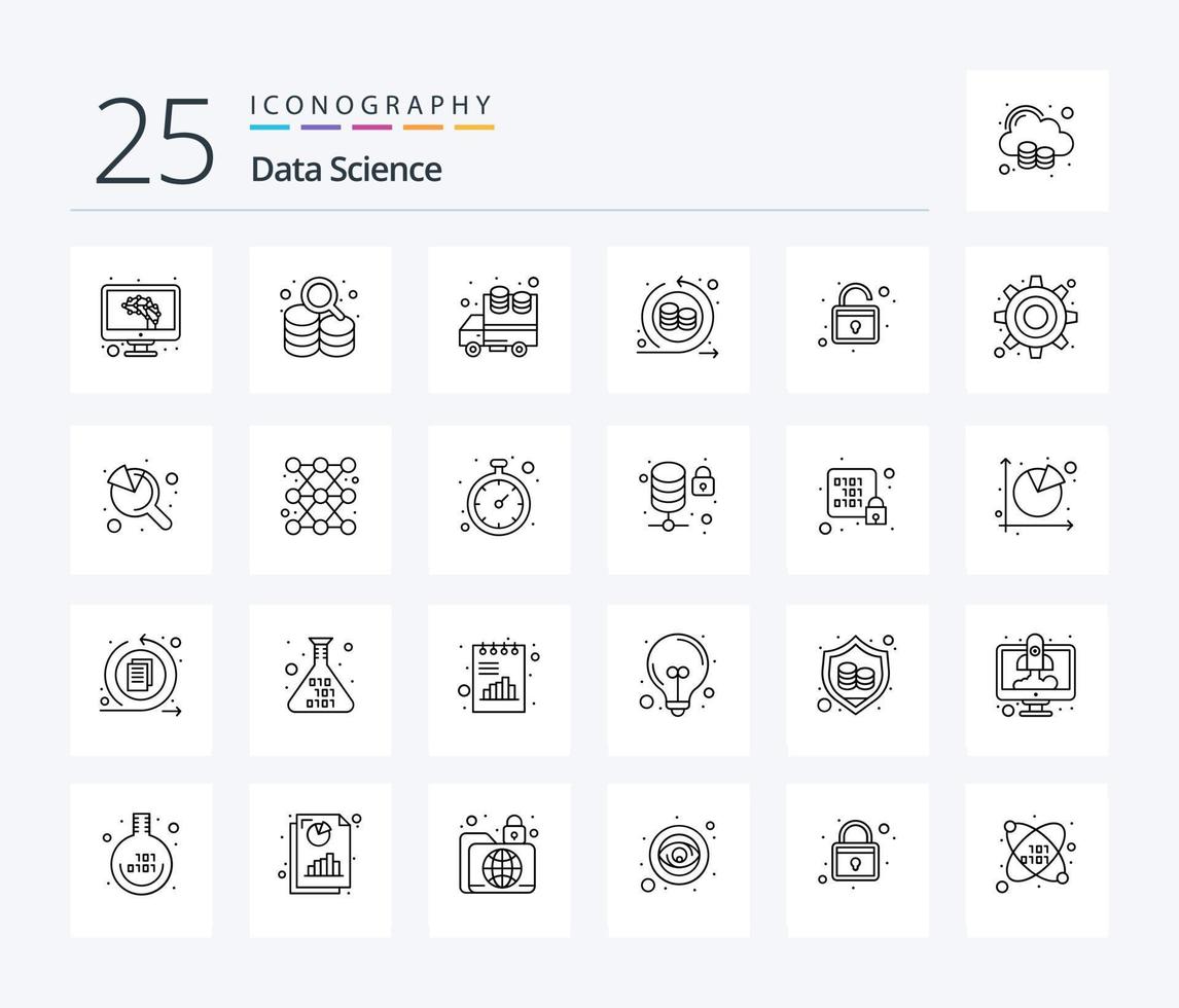 Data Science 25 Line icon pack including unlock. locker. big data. data storage. processing vector