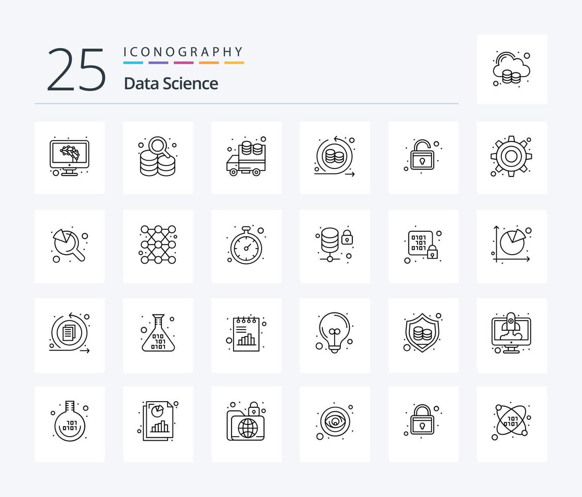 paquete de iconos de 25 líneas de ciencia de datos que incluye desbloqueo. armario. grandes datos almacenamiento de datos. Procesando vector