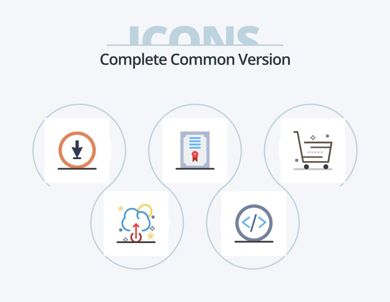 paquete de iconos planos de versión común completa 5 diseño de iconos. en línea. carro. dirección. diploma. certificado vector