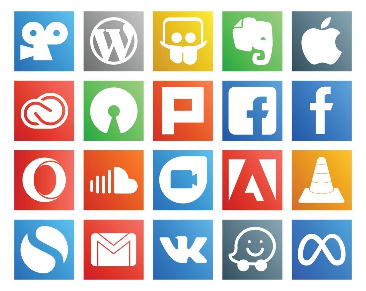 paquete de 20 iconos de redes sociales que incluye adobe music adobe sound opera vector