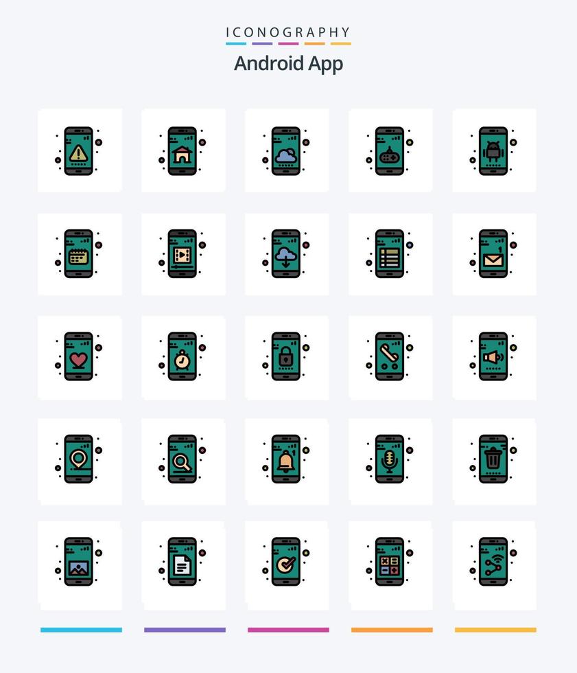 paquete de iconos llenos de 25 líneas de la aplicación creativa de Android, como Android. juego. aplicación movil. entretenimiento. aplicación meteorológica vector