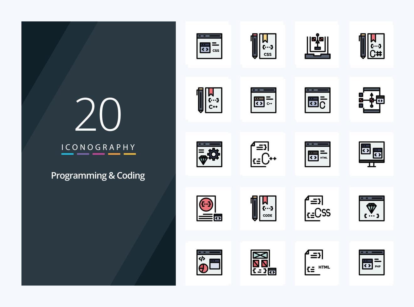 20 icono lleno de línea de programación y codificación para presentación vector