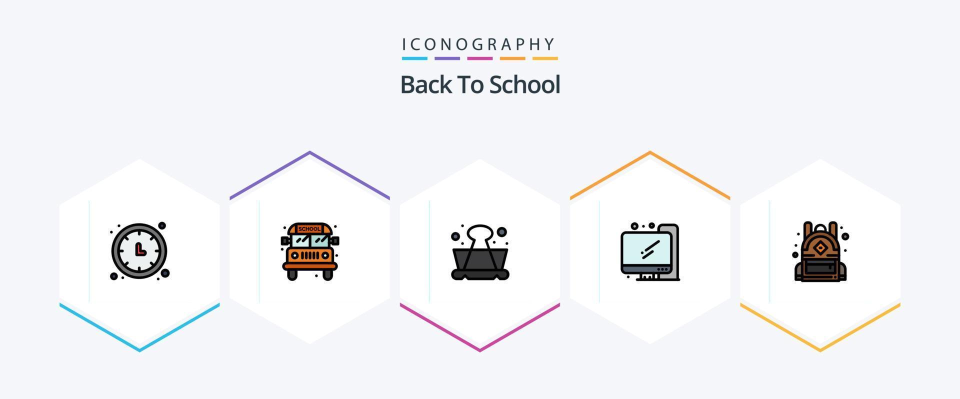 regreso a la escuela 25 paquete de iconos de línea completa que incluye la escuela. bolsa. acortar. De vuelta a la escuela. computadora vector