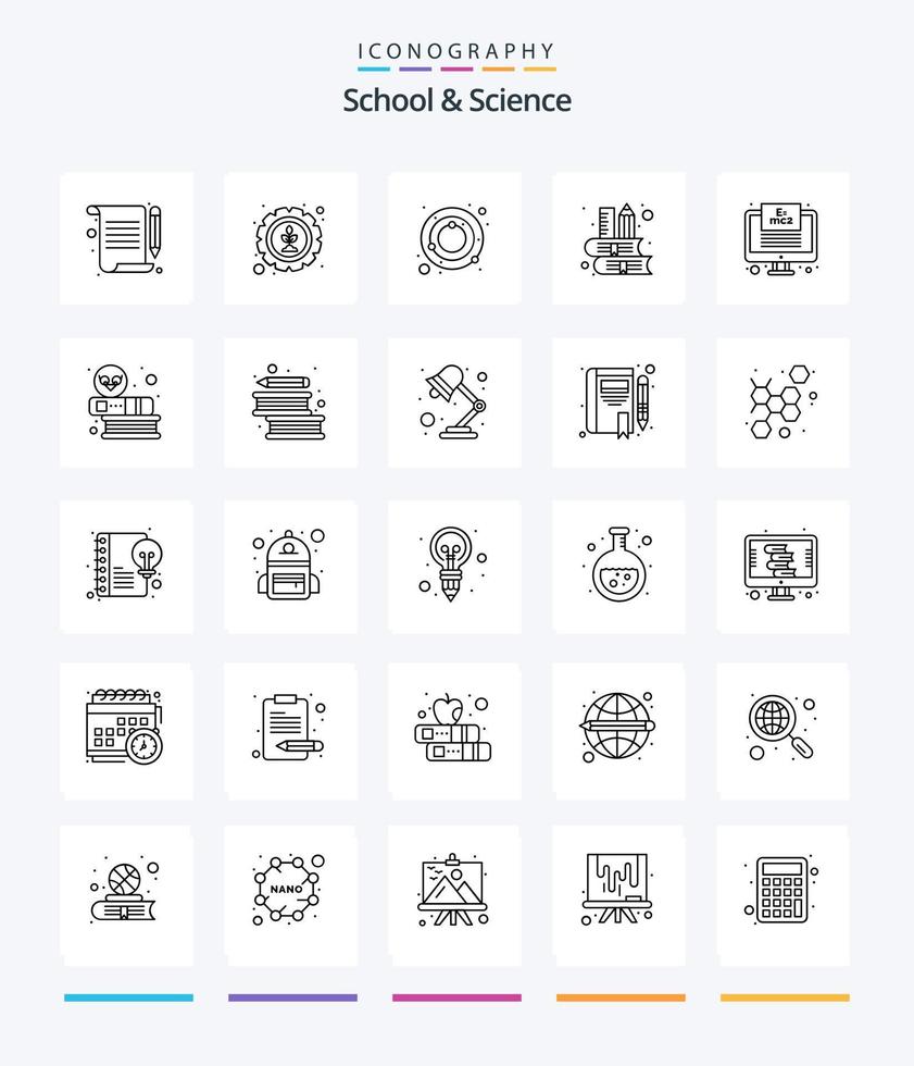 escuela creativa y ciencia 25 paquete de iconos de esquema como estudio en línea. material escolar. astronomía. estudiar. libro vector