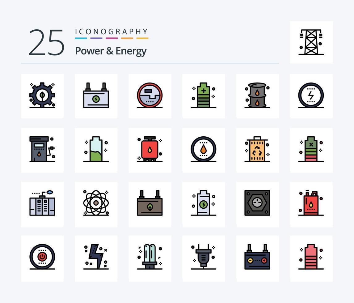 Power And Energy 25 Line Filled icon pack including energy. power. electronics. essential. battery vector