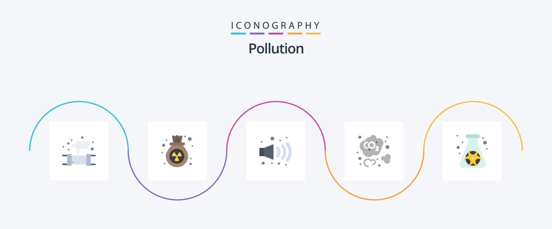 paquete de iconos de contaminación plana 5 que incluye residuos. peligro. gas. matraz. dióxido de carbono vector