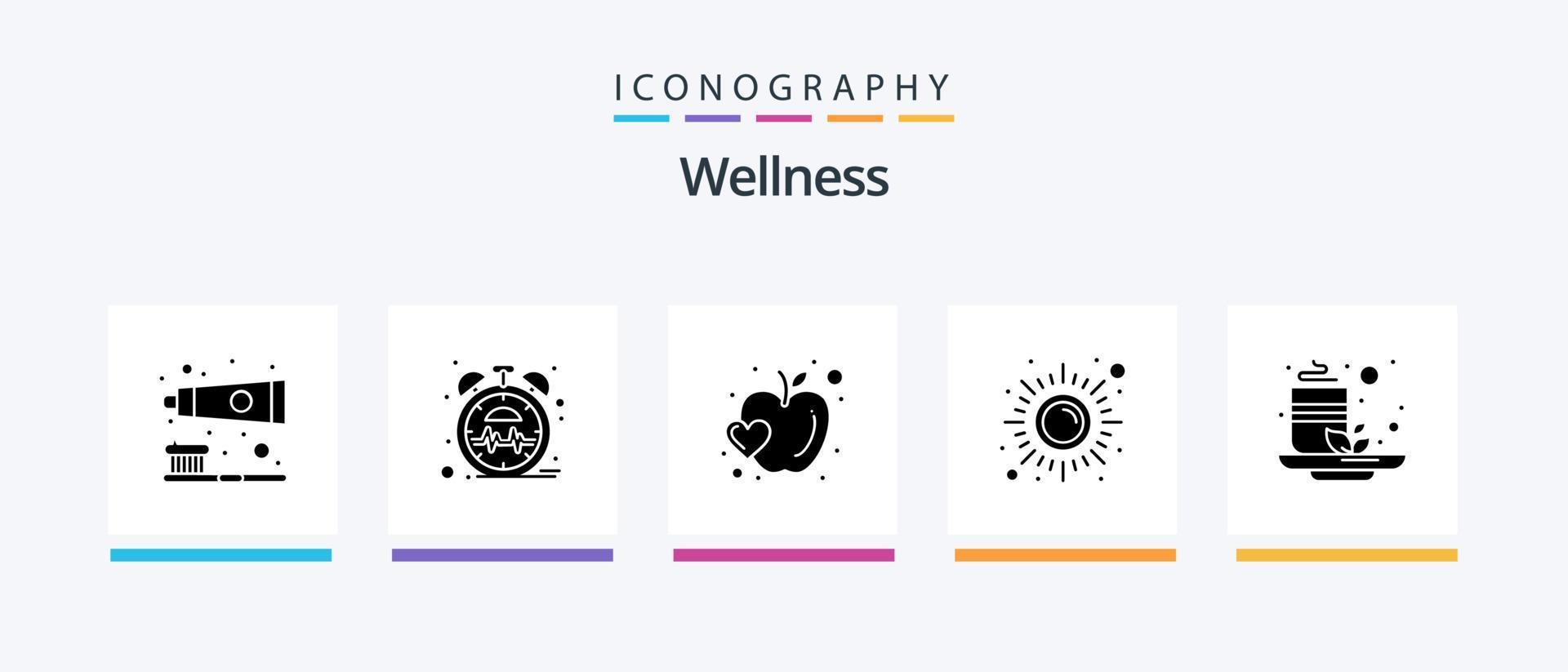 Wellness Glyph 5 Icon Pack Including cup. sun. apple. meditation. fitness. Creative Icons Design vector