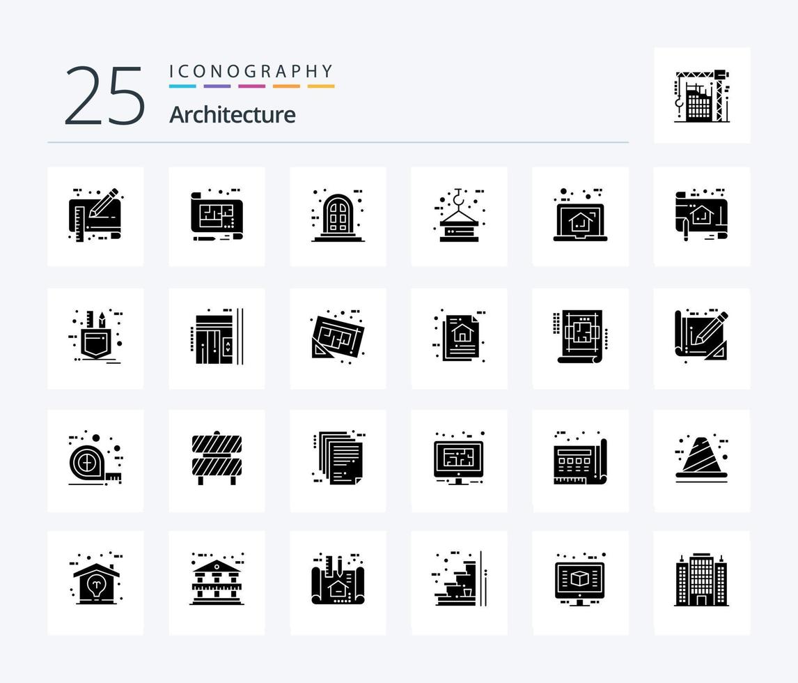 paquete de iconos de 25 glifos sólidos de arquitectura que incluye torre. levantamiento. piso. gancho. ventana vector