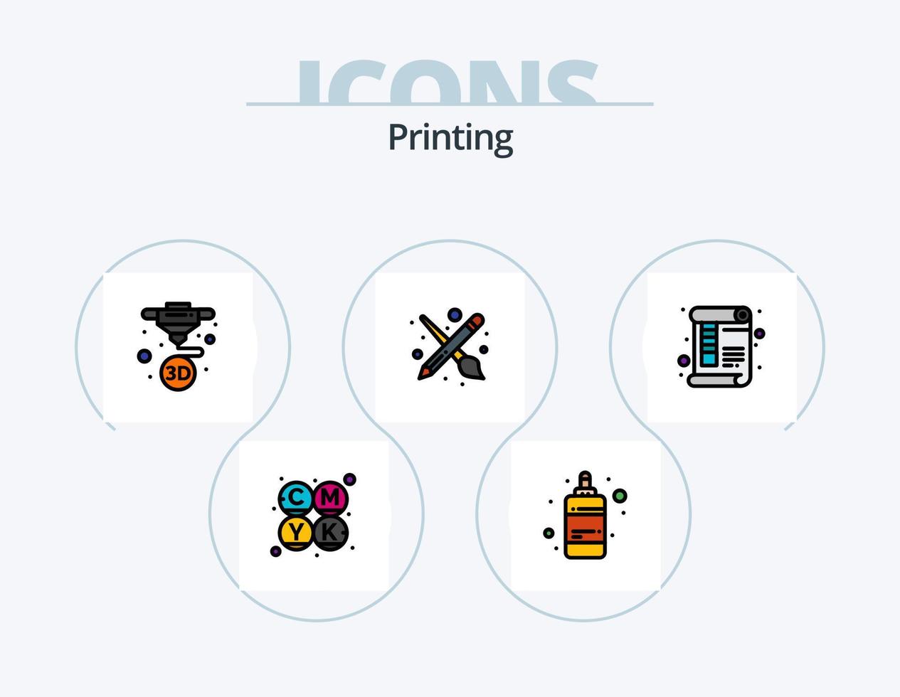 diseño de icono de paquete de 5 iconos llenos de línea de impresión. página. cuentagotas medida. cuentagotas. documento vector