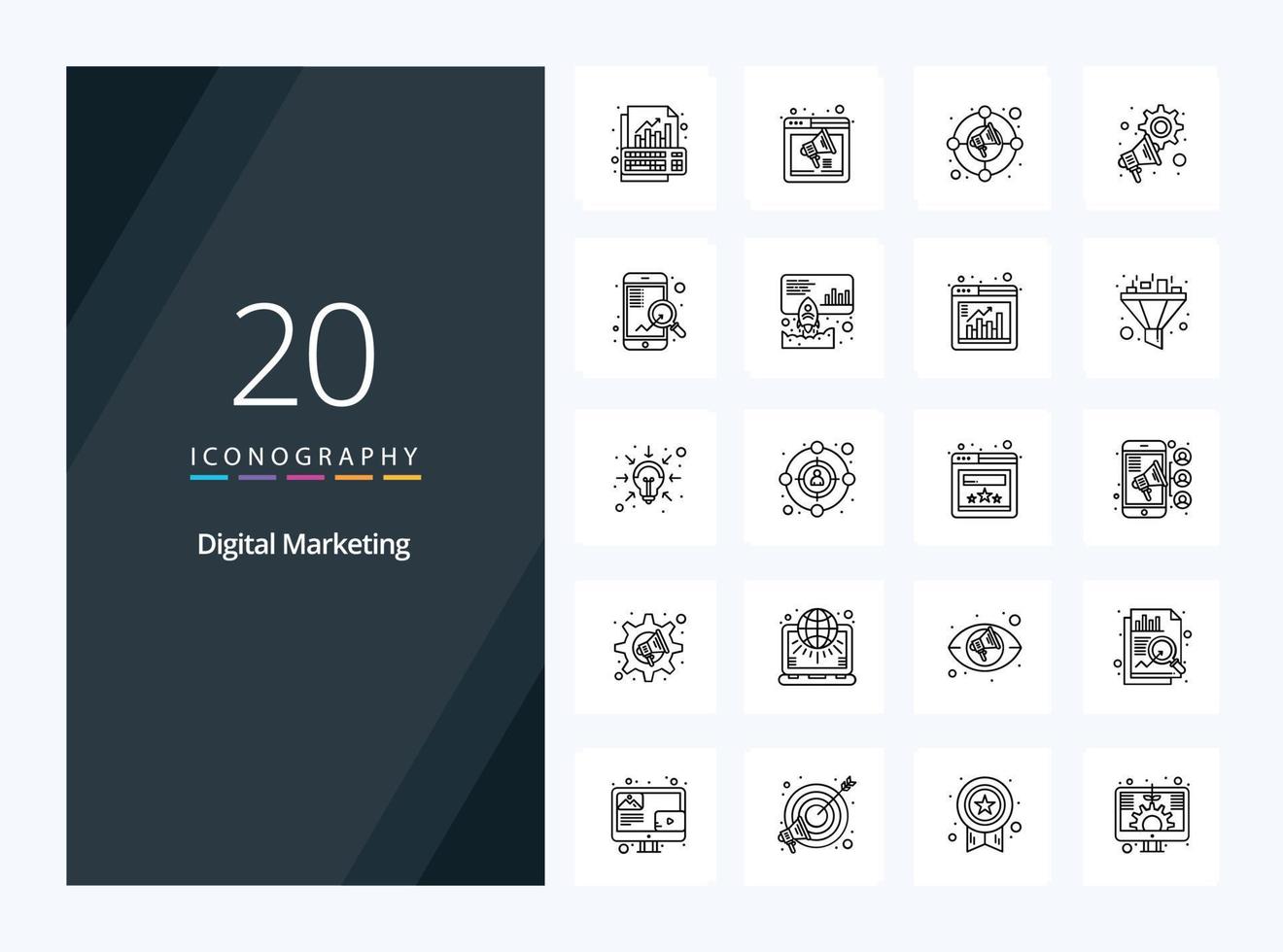 20 icono de esquema de marketing digital para presentación vector