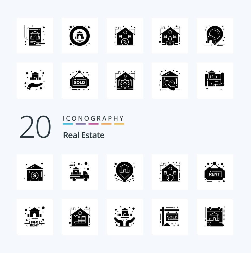 20 Real Estate Solid Glyph icon Pack like rent estate pin security house vector