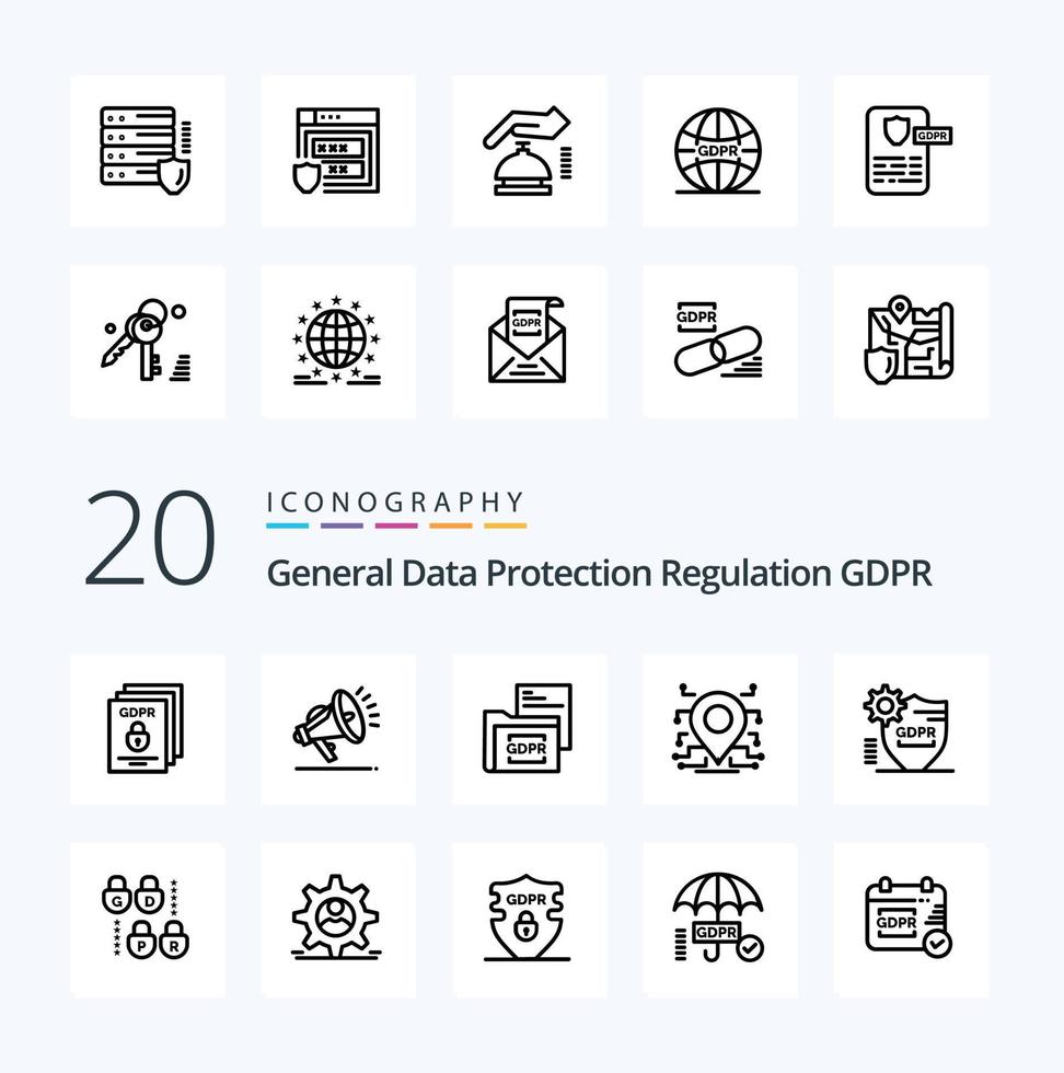 20 paquete de iconos de línea gdpr como documento de carpeta de seguridad gdpr de ubicación vector