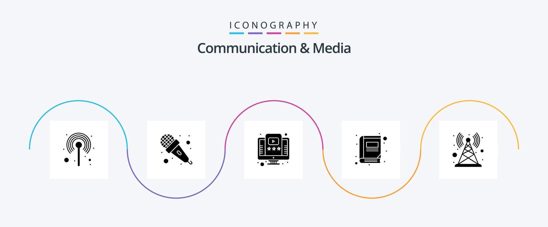 paquete de iconos de glifo 5 de comunicación y medios que incluye antena. leer. audio. biblioteca. tutorial vector