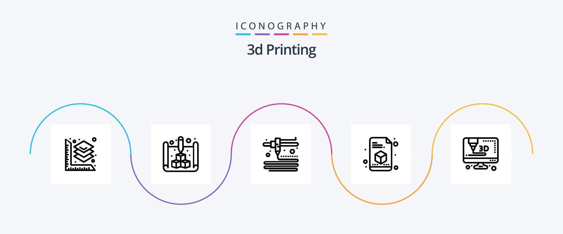 Paquete de iconos de línea de impresión 3d 5 que incluye. impresora. modelado. 3d. impresión vector