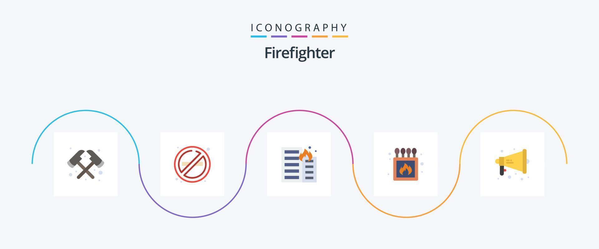 Firefighter Flat 5 Icon Pack Including megaphone. box. fire. match. camping vector