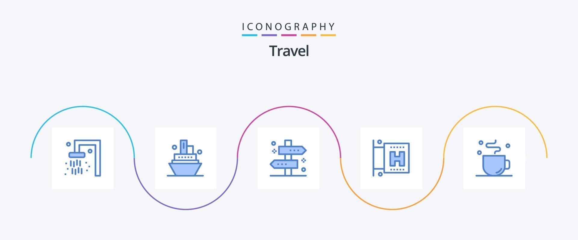 paquete de iconos azul de viaje 5 que incluye el tiempo. café. etiqueta. romper. viajar vector