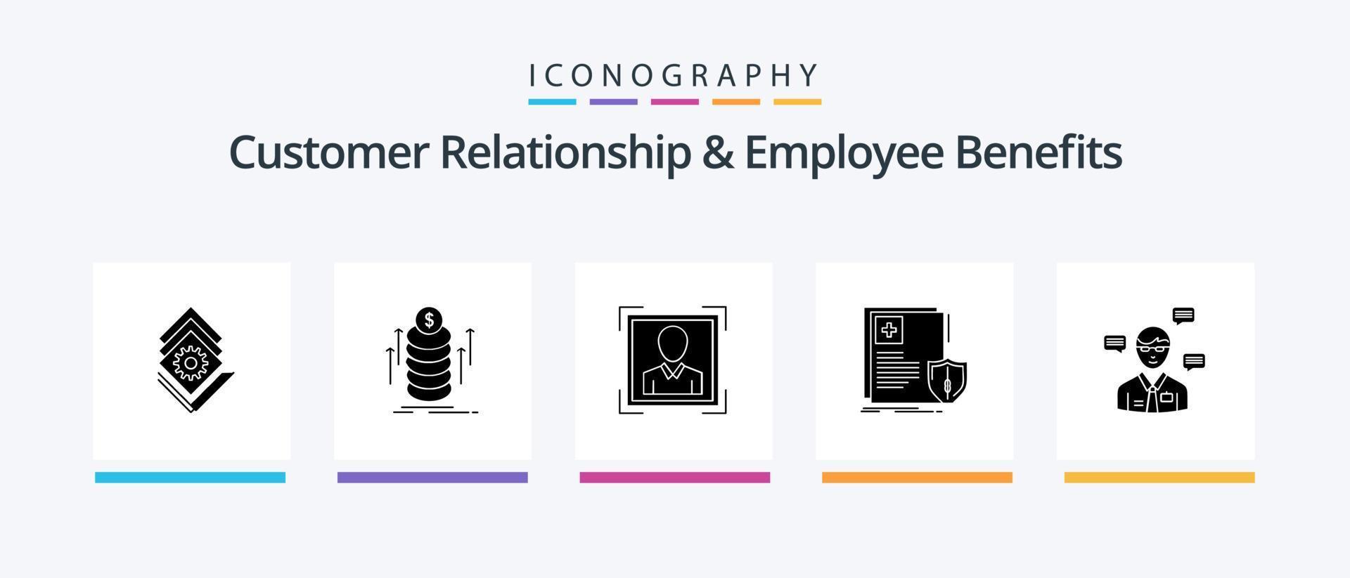 relación con el cliente y beneficios para empleados glifo 5 paquete de iconos que incluye al hombre. médico. usuario. escudo documento. diseño de iconos creativos vector