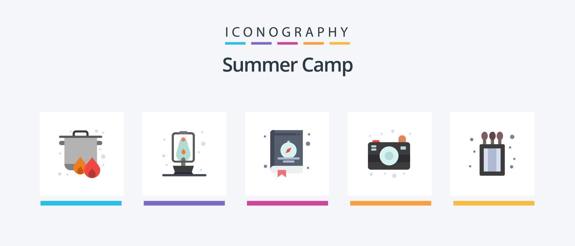 Summer Camp Flat 5 Icon Pack Including . fire. book. camping. image. Creative Icons Design vector