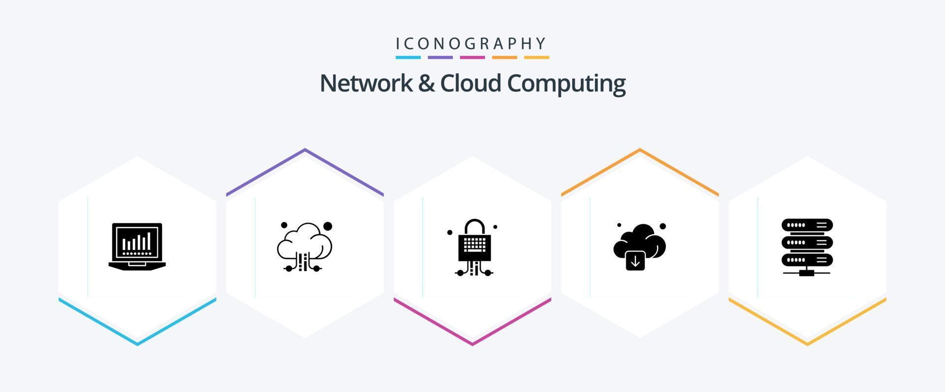 Network And Cloud Computing 25 Glyph icon pack including network. computing. locked. technology. arrow vector